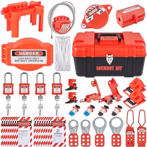 VEVOR Kit di Blocco di Sicurezza per Attrezzatura Elettrica con 42 Pezzi, 5 Tipi di Serrature, Fermagli, Etichette e Fascette in Plastica, Colore Rosso