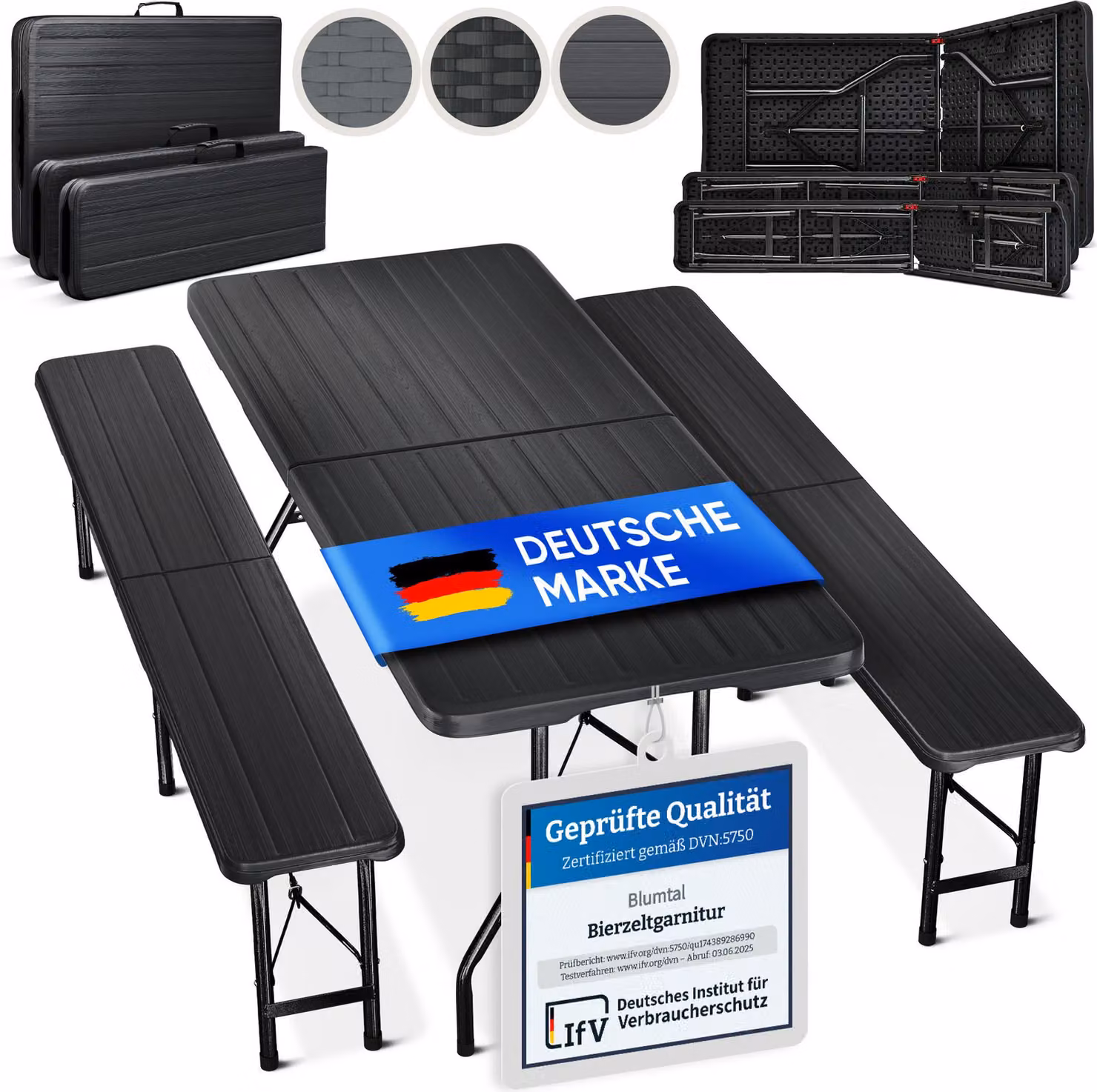 Set da 3 pezzi Blumtal per birreria all'aperto - 2 panche + 1 tavolo - set da birreria all'aperto pieghevole e resistente per 8 persone - con maniglia, effetto legno antracite