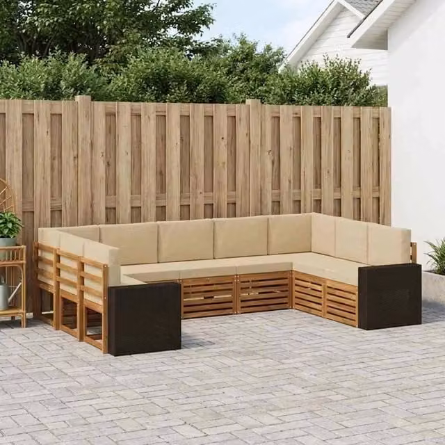 Set di divani da esterno vidaXL in legno di acacia con cuscini beige e sabbia, composizione a L da 9 pezzi – 1