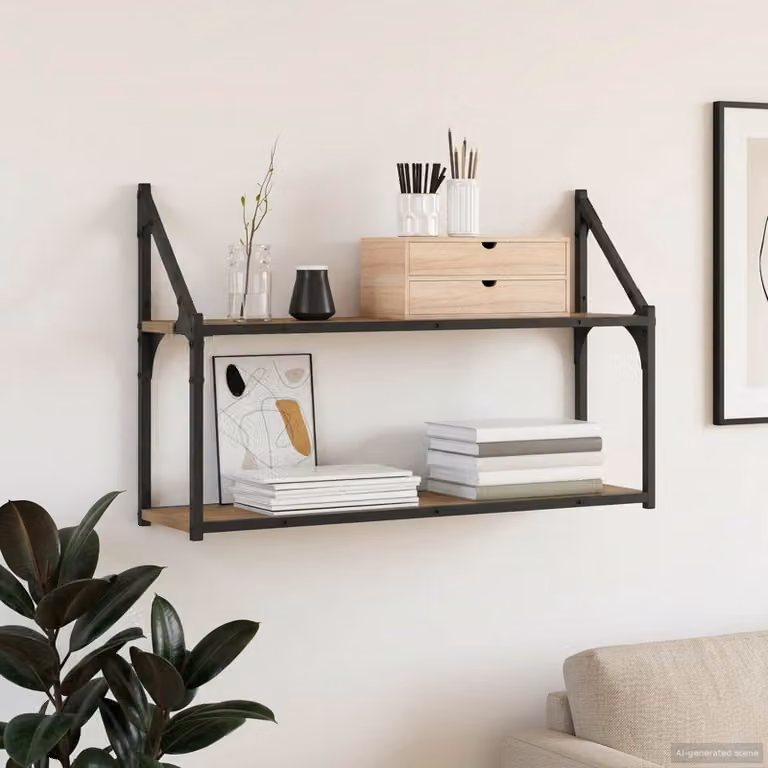 Scaffale da parete moderno vidaXL in rovere e metallo, L: 80 cm, P: 21 cm, H: 51 cm