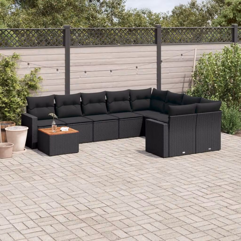 Set di divani da giardino vidaXL in polyrattan nero con cuscini e tavolino da esterno – 1