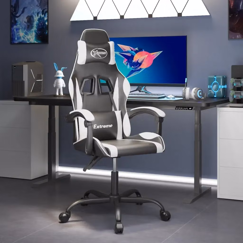 Sedia da Gaming Girevole con Poggiatesta e Braccioli in Similpelle Nero e Bianco – 2