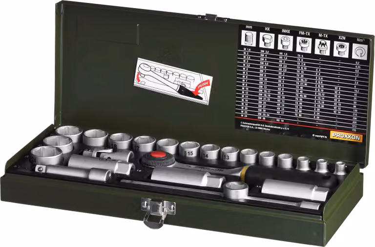 Proxxon Steckschlüssel Satz mit Ratsche CV 24-tlg 3/8" Schlüsselweite 6-21 mm 23110
