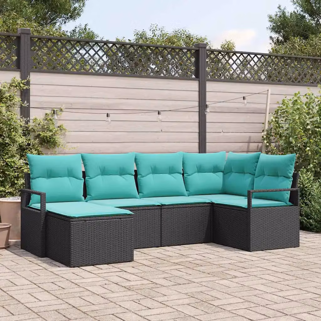 Set di divani da giardino vidaXL a forma di U composto da 6 pezzi con cuscini in tessuto turchese e struttura in rattan nero e metallo