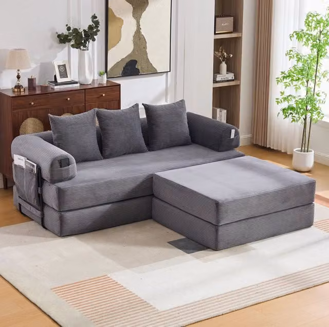Sofa modulare in velluto a coste con pouf; tasca laterale e 3 cuscini; grigio scuro