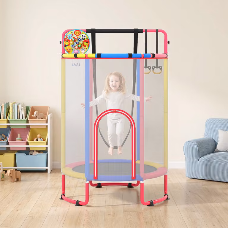 Costway Trampolino 6 in 1 per bambini con rete di sicurezza e altalena, mini trampolino elastico multicolore con canestro, anelli e barra bersaglio, ideale per uso interno ed esterno