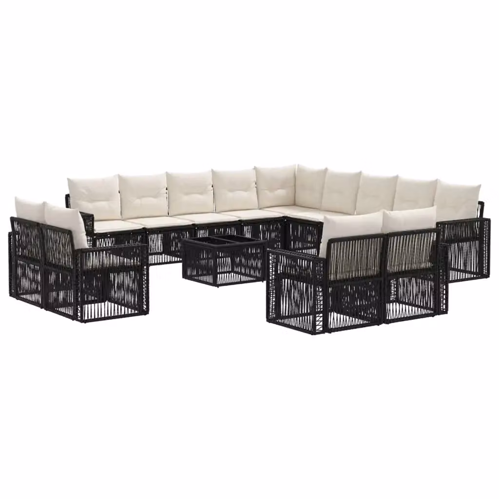Set Divano da Giardino vidaXL 14 Pezzi a Forma di U in Polyrattan con Tavolino e Cuscini, Nero e Bianco – 2