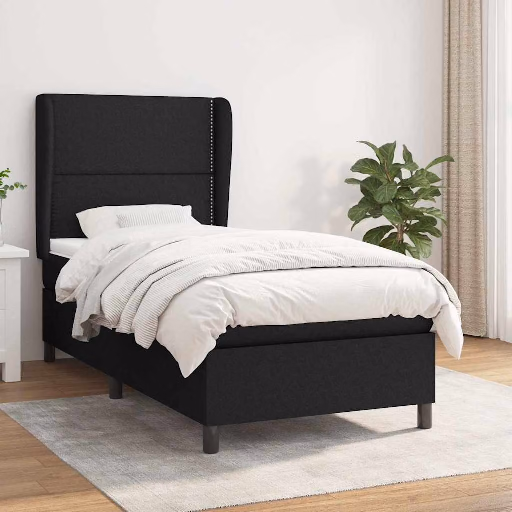 vidaXL Letto Ibrido con Giroletto a Molle e Materasso in Tessuto Nero, L/P/H: 90 x 200 x 45 cm – 1