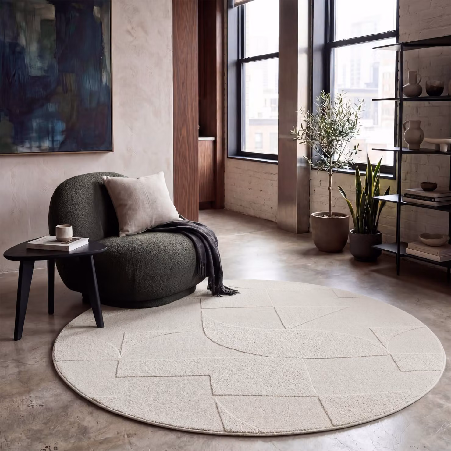Tappeto moderno Tokko rotondo beige in poliestere Diametro: 120 cm – 2