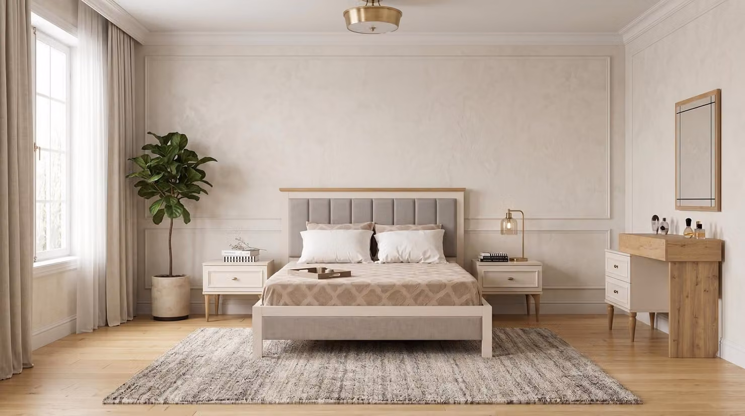 Comò elegante con specchio, trasformabile in un comò da trucco, stile classico, colore crema, confortevole