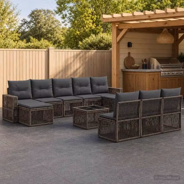 Set Divano da Giardino vidaXL 11 Pezzi a Forma di U in Polyrattan Grigio e Antracite con Cuscini e Tavolino – 1