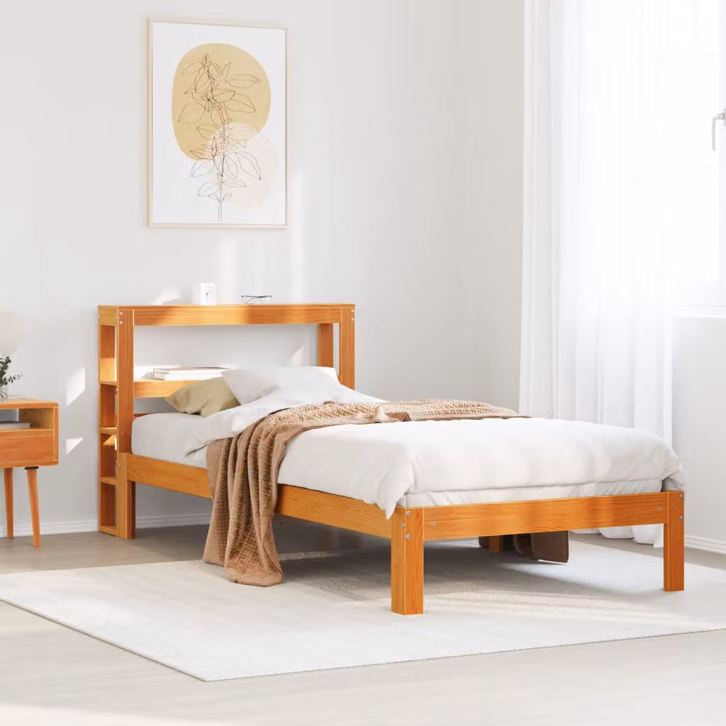 Letto in legno di pino rustico vidaXL Marrone Cera con ripiani laterali e doghe fisse 100x200 cm