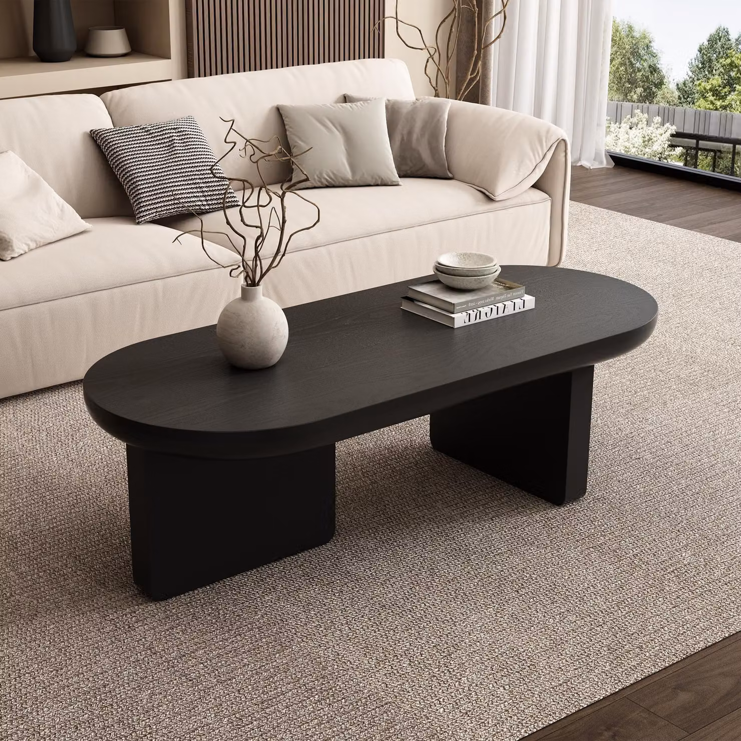 Tavolino ovale Merax 119,7 cm in MDF con verniciatura a spruzzo, tavolino da divano dal design moderno con gambe a blocco, facile da pulire e stabile, ideale per piccoli appartamenti, nero