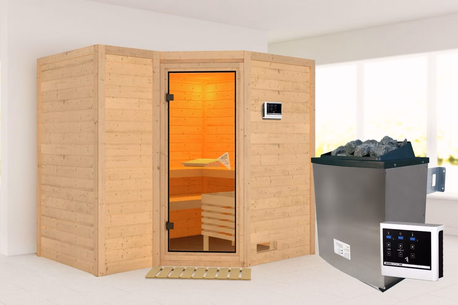 Cabina Karibu sauna interna Sahib Sauna interna 3 panche in legno con finitura naturale Cabina sauna Spessore parete: 40 mm Sauna a infrarossi