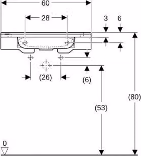 Lavabo Geberit PUBLICA 600 x 550 mm, con foro per rubinetto, senza troppopieno con fori per il contenimento, bianco
