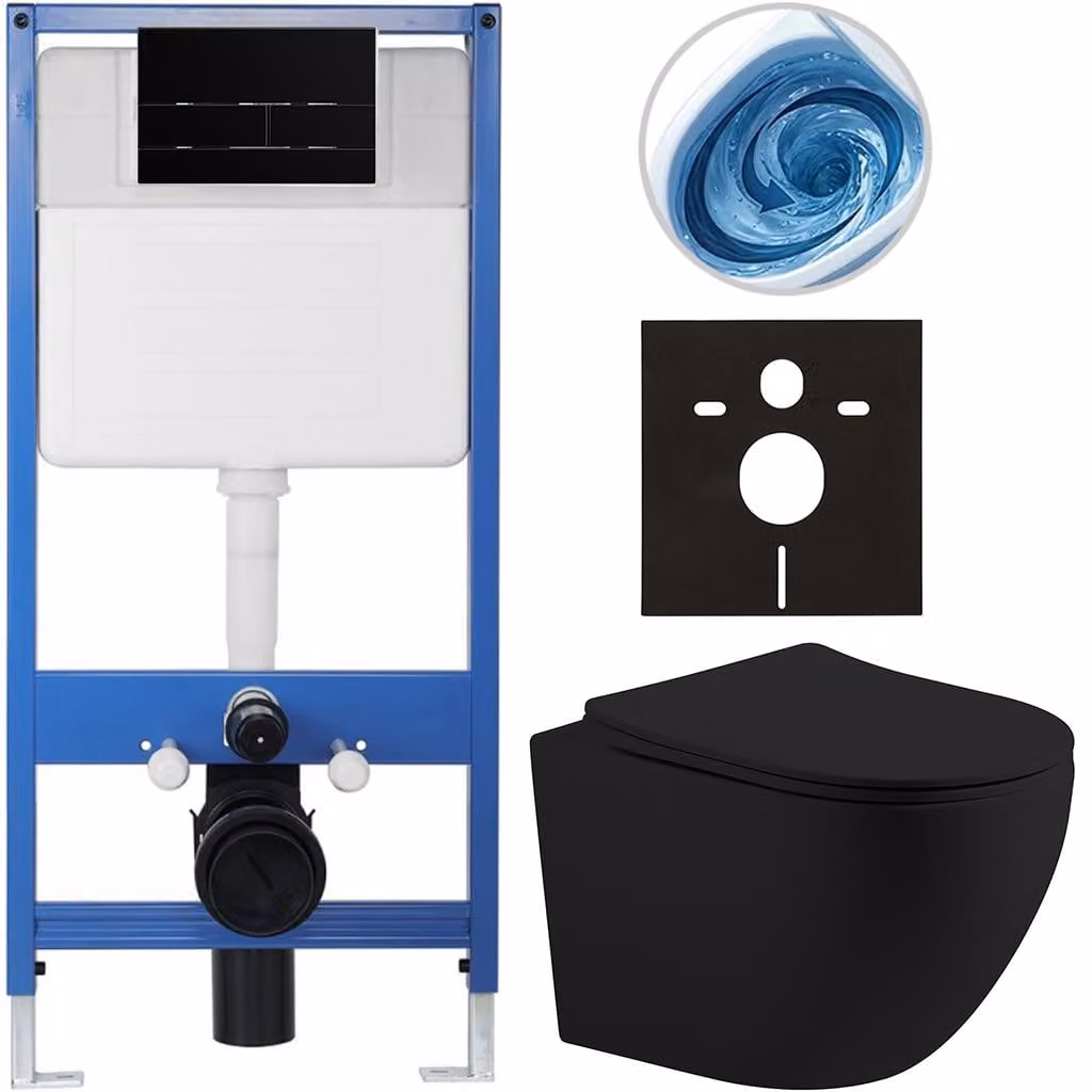 CERANO - Set completo per WC da incasso Lite/Cesso - nero opaco - pulsante per WC Line, nero opaco - installazione a parete - 49x36 cm