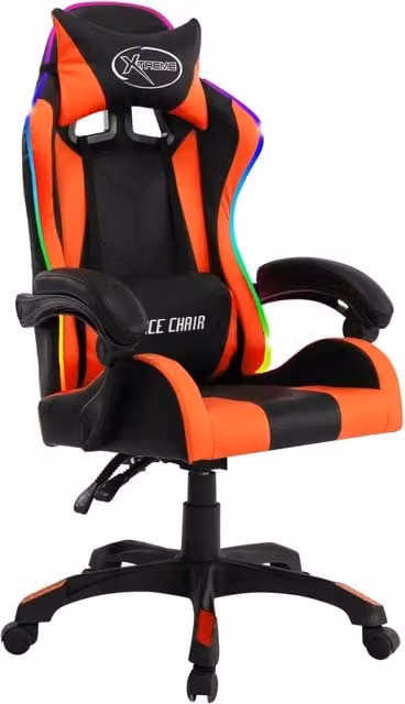 Sedia da Gaming e Ufficio con Luci LED RGB Arancione e Nera in Similpelle con Poggiatesta e Altezza Regolabile