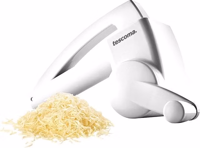 Grattugia a manovella Handy Tescoma in acciaio inossidabile e plastica bianca