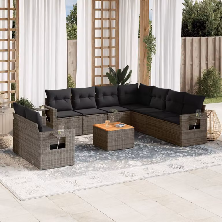 Set Divano da Giardino vidaXL 10 pz in Polyrattan Grigio con Cuscini e Tavolino