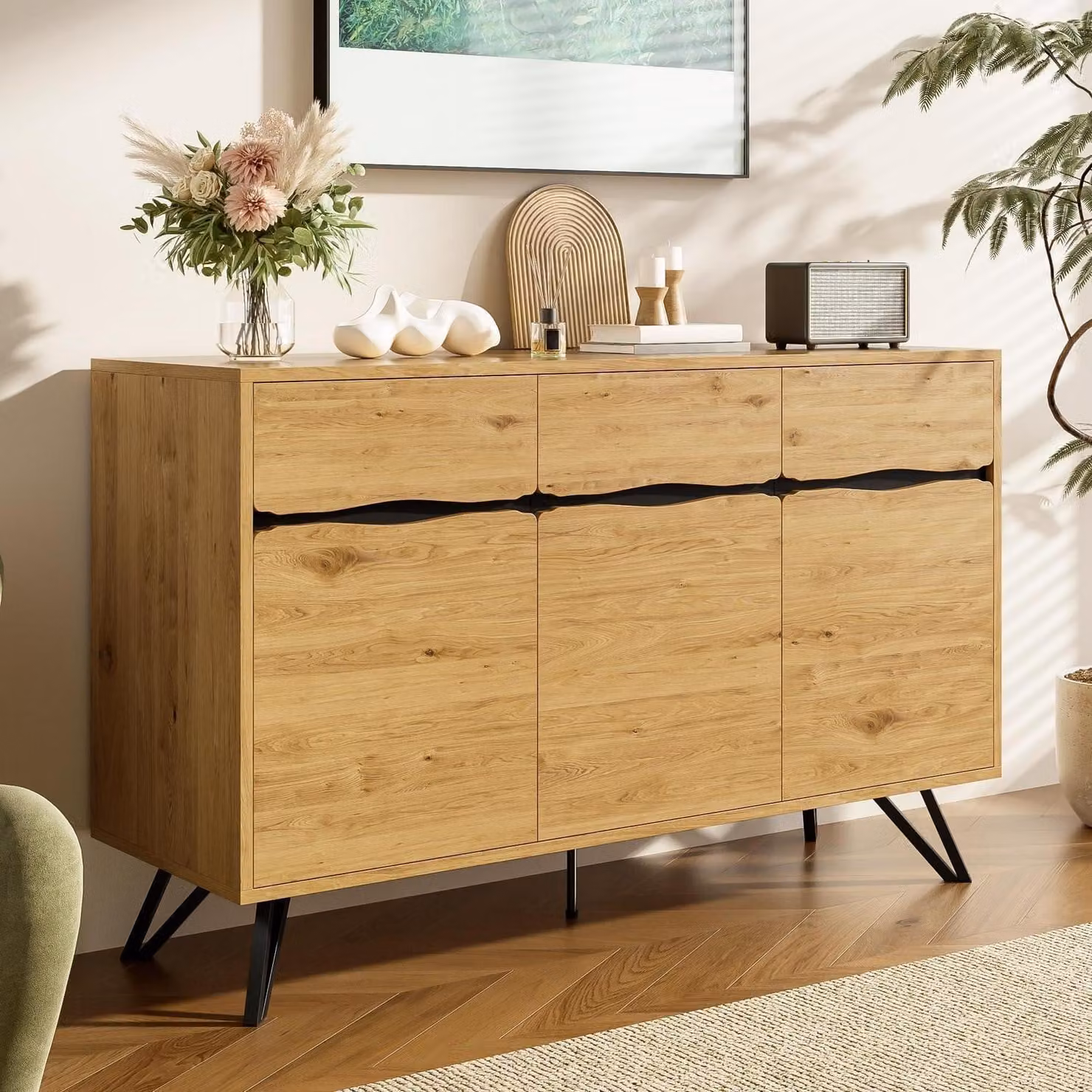 Mobile contenitore a 3 ante, aspetto legno, gambe in metallo, dimensioni 140x40x75,5 cm