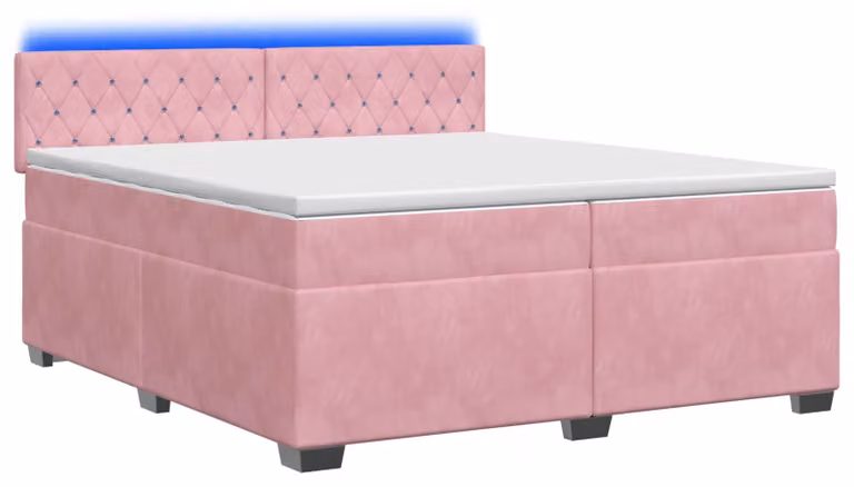 Letto con boxspring, materasso e luci LED rosa, dimensioni 200 x 200 cm, rivestito in velluto