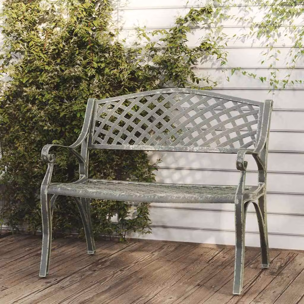 Panchina da giardino vidaXL in alluminio pressofuso verde con braccioli e decorazioni floreali, L: 102 cm