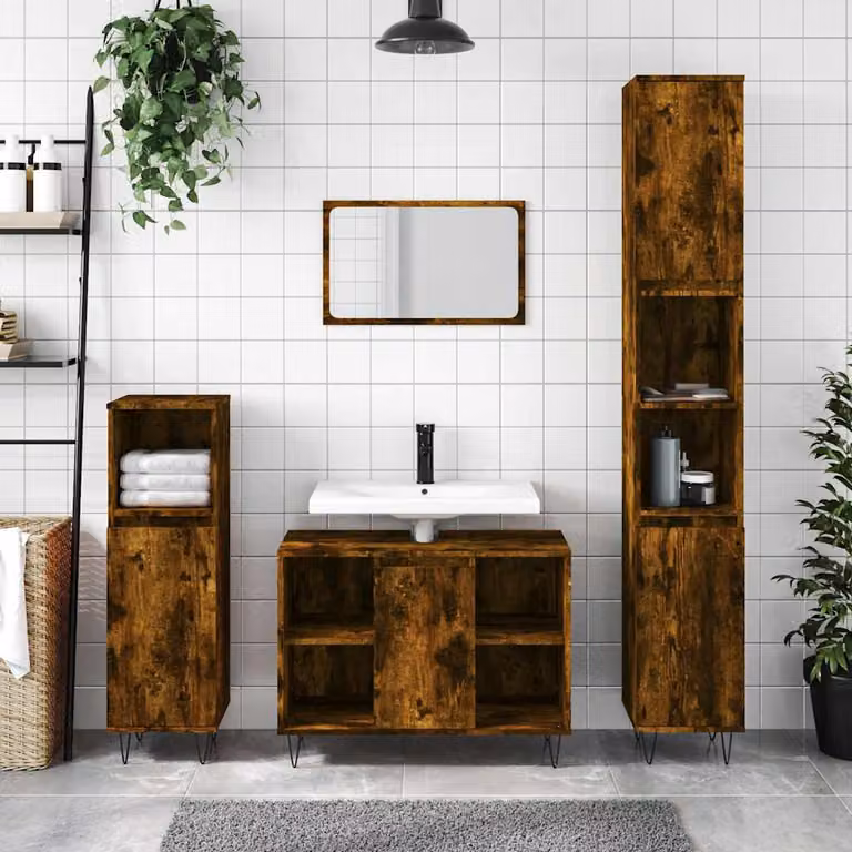 Armadietto da bagno vidaXL in legno Rovere Fumo e metallo, stile industriale con ante a battente e ripiani interni, L/P/H: 30 x 30 x 100 cm