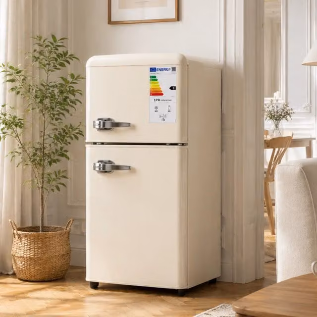 Frigorifero a doppia porta Minimal bianco da 60L con doppia zona di raffreddamento, regolazione temperatura a 7 livelli, classe energetica E, luce LED interna e ripiani regolabili – 1