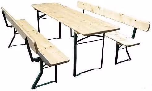 Set per birreria, set per giardino, set pieghevole, set per tenda da festa. Qualità da birrificio. Tavolo da 80 cm di larghezza con schienale per panche, direttamente dal produttore. Lunghezza 220 cm. Colore naturale