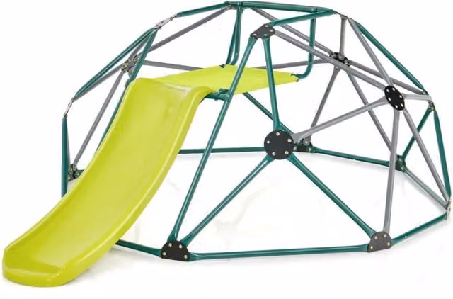 Cupola di arrampicata con scivolo per 3 bambini, struttura in metallo e tessuto verde per area giochi interna o esterna, L: 241,5 cm, P: 183 cm, H: 91,5 cm