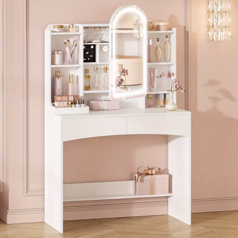 Comò da trucco con illuminazione a LED, grande specchio e organizer nascosto per gioielli, ideale per la camera da letto
