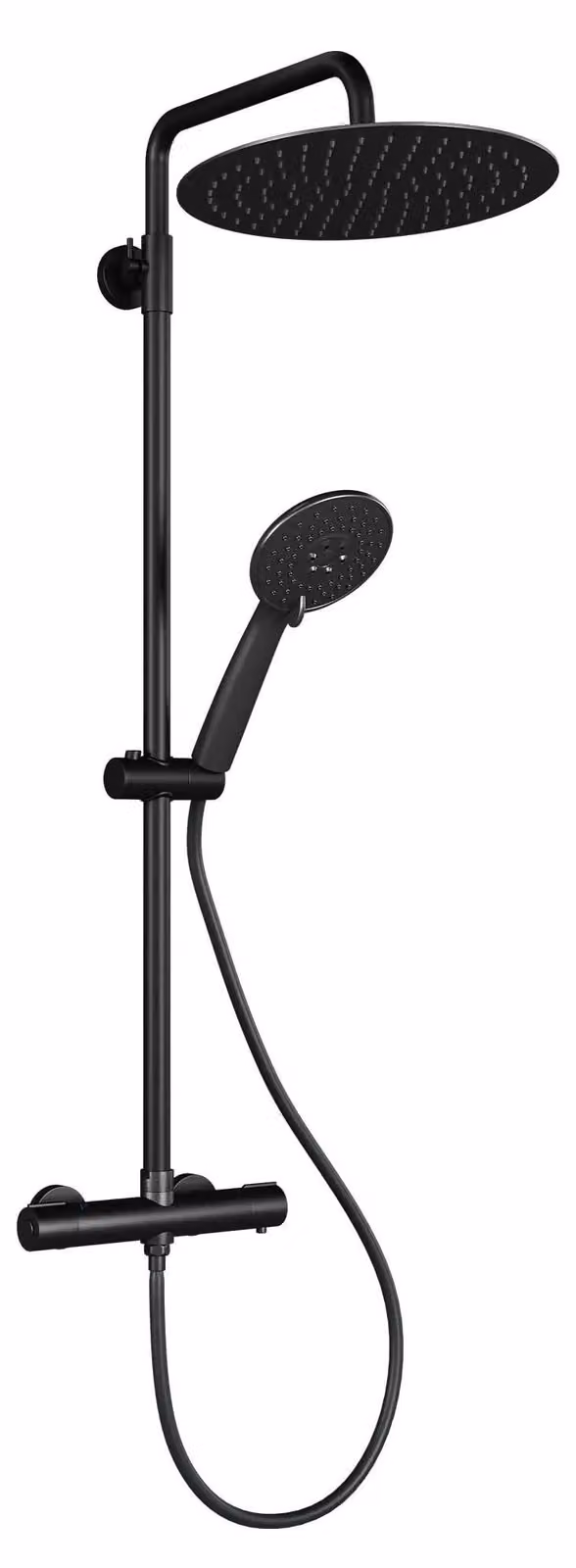 Sistema doccia termostatico - Set doccia con soffione a pioggia da 25 cm - Doccetta manuale con 3 funzioni - Tubo flessibile da 1,5 metri - Barra regolabile in altezza - Protezione antiscottatura - Alluminio nero opaco