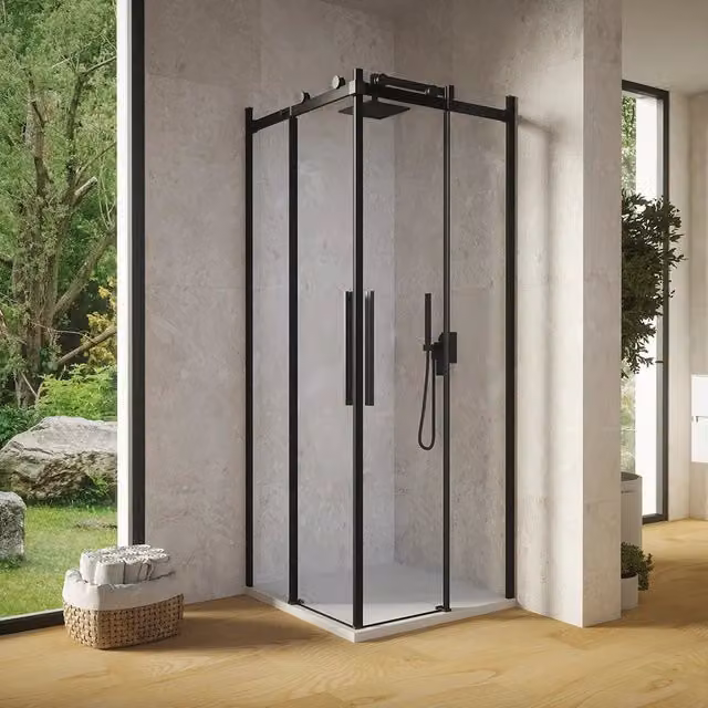 Box doccia angolare 80x90cm due ante scorrevoli vetro 8mm trasparente profili nero opaco h195 | Creta