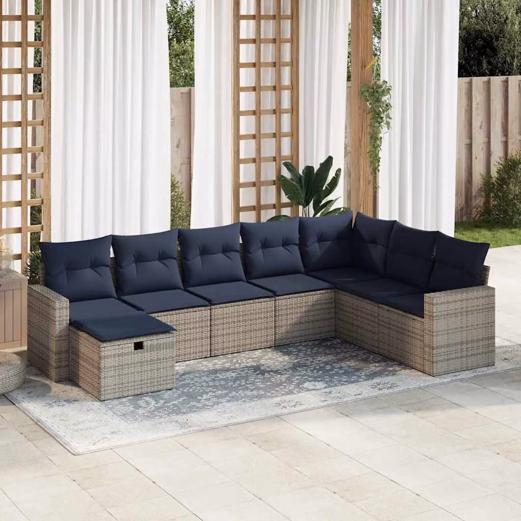 Set Divano da Giardino vidaXL a Forma di L con 8 Pezzi, Polyrattan e Cuscini Blu e Grigio