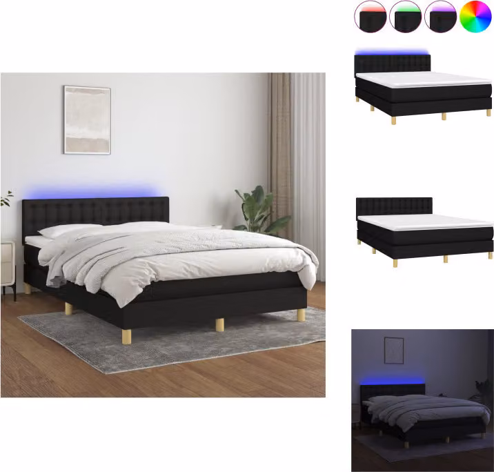 vidaXL Letto a molle con materasso e LED in tessuto nero 140x190 cm - Letti e strutture letto