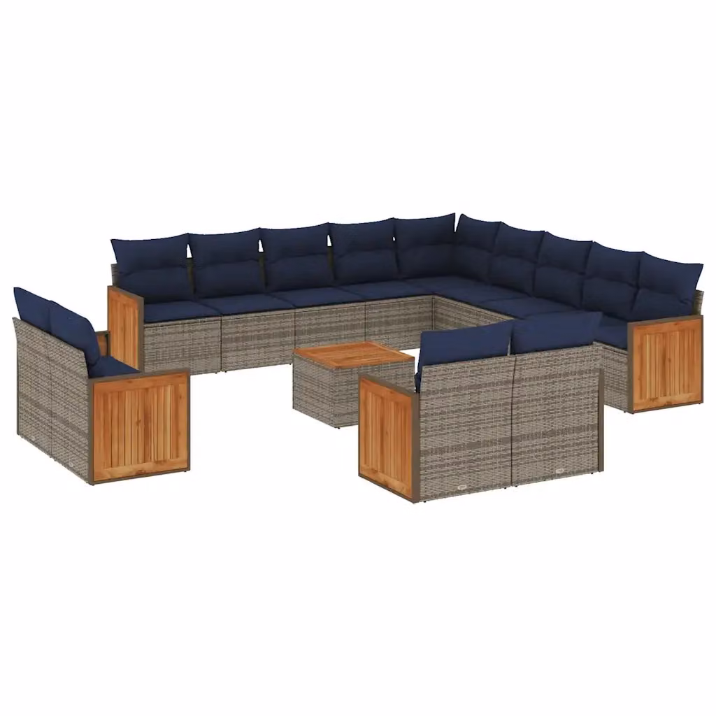 Set di divani da giardino vidaXL in polyrattan e legno di acacia oliato con 14 pezzi e cuscini grigi e blu – 2