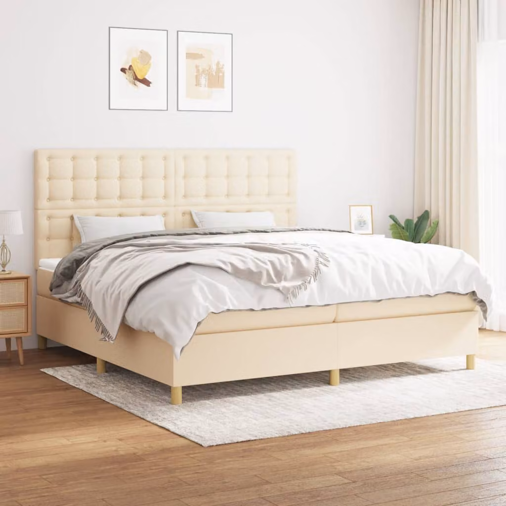 vidaXL Giroletto a Molle con Materasso in Tessuto Beige e Bianco, L/P: 200 x 200 cm