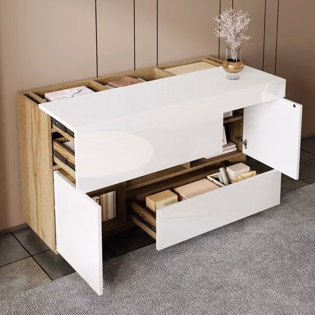 Credenza moderna bianca lucida con illuminazione integrata per la tua sala da pranzo L: 120 cm, H: 76,5 cm, P: 48 cm