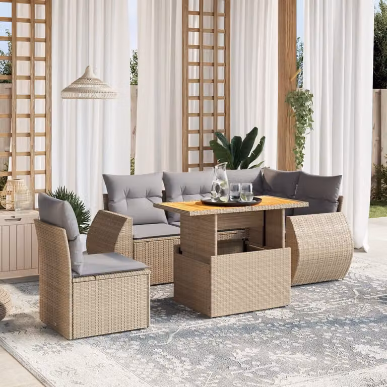 vidaXL Set Divano da Giardino a L composto da 6 pezzi in Polyrattan con Cuscini Beige e Tavolino da Esterno