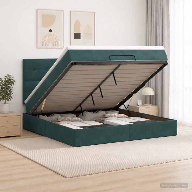 Letto Ottomano vidaXL con Materasso Ibrido e Illuminazione LED in Velluto Verde Scuro L: 160 cm, P: 200 cm, H: 88 cm