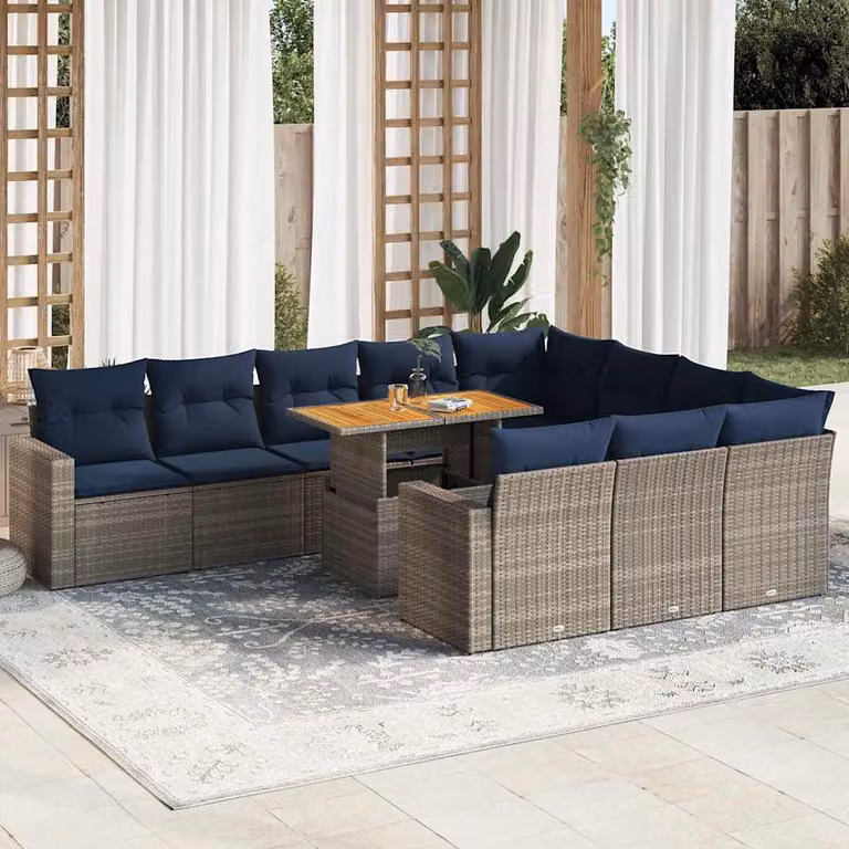 Set di divani da giardino vidaXL 11 pezzi in polyrattan e legno di acacia con cuscini grigi e blu