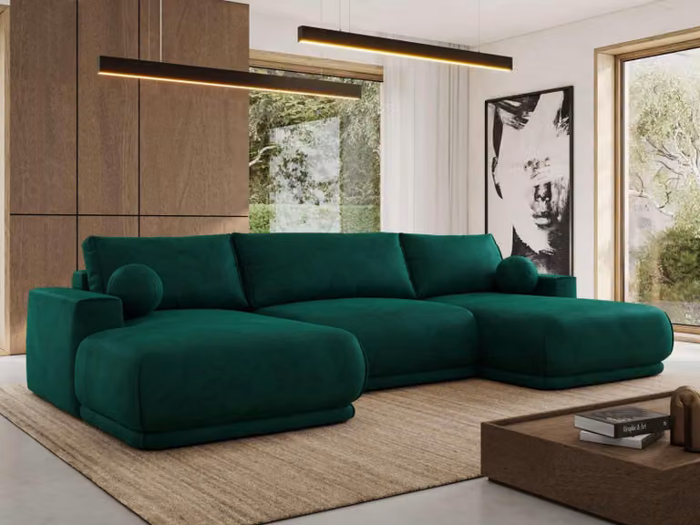 MKS MEBLE Divano ad angolo XXL RINA, divano componibile a forma di U con funzione letto e molle ondulate, funzione letto a scomparsa - Verde scuro in velluto