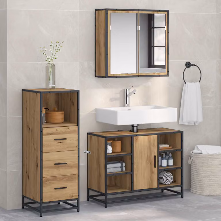Set di mobili per il bagno moderno vidaXL composto da 3 pezzi in marrone e nero con armadietto a specchio, mobile lavabo e mobile laterale
