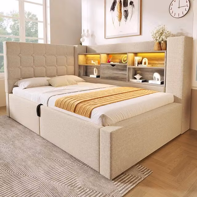 Letto imbottito-Xylo-90x200cm LED idraulico testiera a L lino beige senza materasso