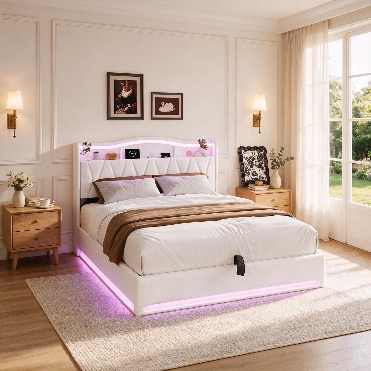 Letto imbottito INONEFT, 140x200 cm, con illuminazione LED e funzione di ricarica USB, letto per ragazzi con contenitore a sollevamento idraulico e spazio contenitivo nella testiera, color beige