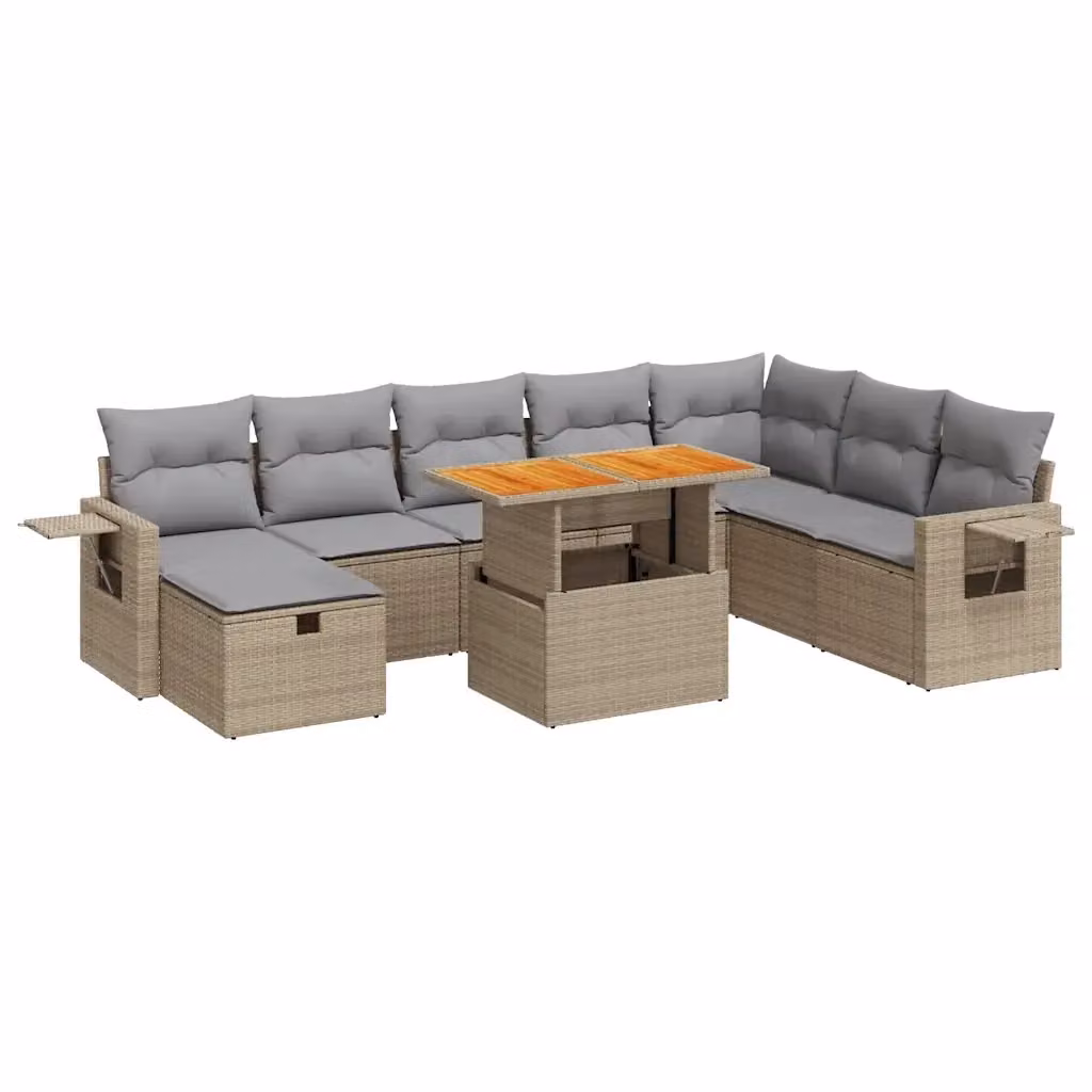Set Divano da Giardino vidaXL 9 Pezzi in Polyrattan e Legno di Acacia con Cuscini Beige e Grigio – 2