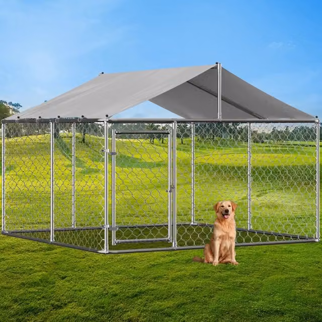 Recinto per cani da giardino con tetto a telaio A porta bloccabile in acciaio zincato argento 230 × 230 × 117 cm