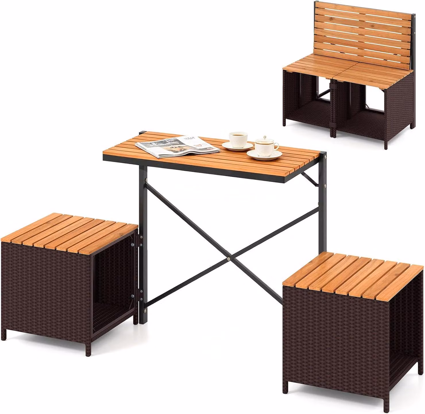 Set di mobili da giardino COSTWAY, 4 pezzi, composto da: panca da giardino 2 in 1, tavolo da picnic trasformabile in panca, set per balcone, mobili per balcone, ideale per piccoli balconi, gruppo sedute color marrone