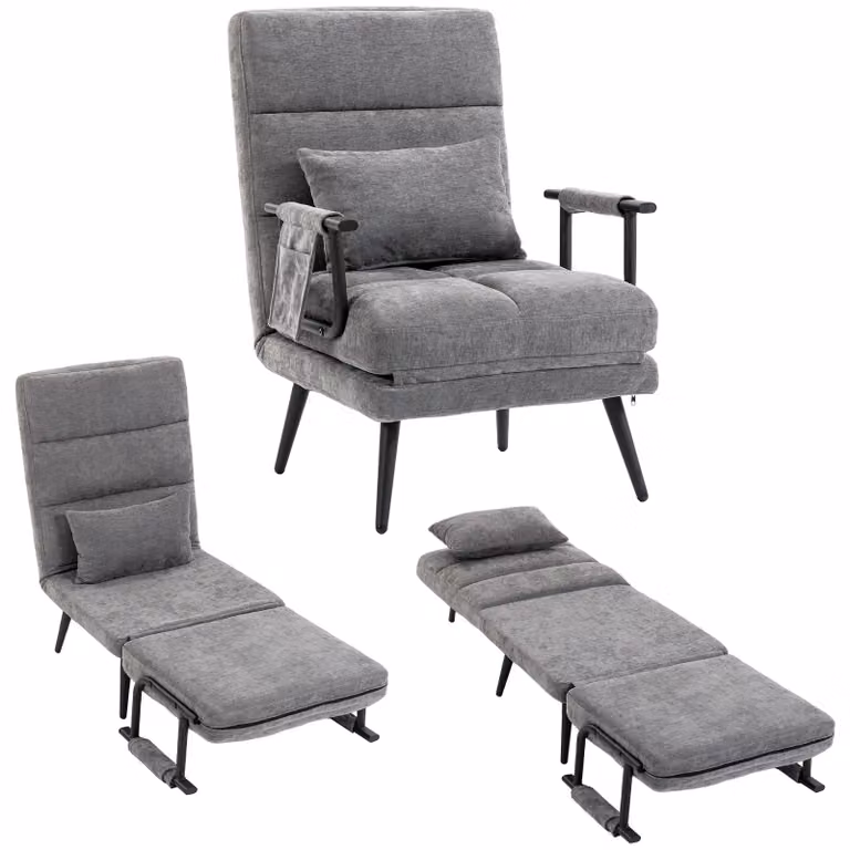 Poltrona reclinabile 3-in-1, pieghevole, con supporto lombare, aspetto in velluto, dimensioni 67 x 73 x 96 cm, colore grigio