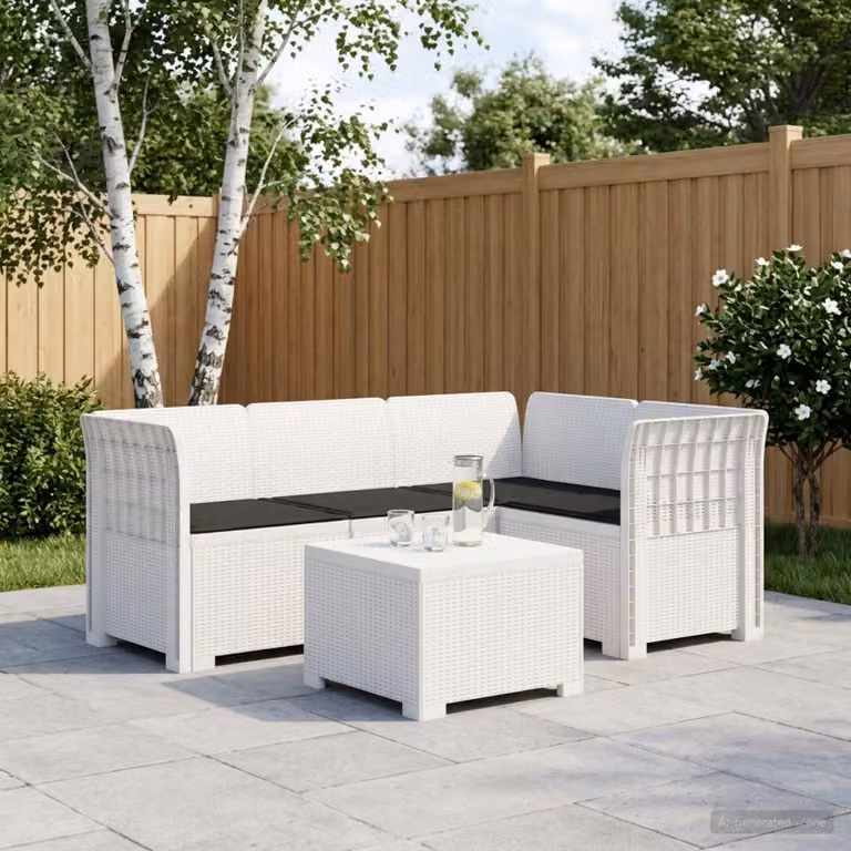 Set da giardino vidaXL a forma di L con divano da esterno, elemento angolare, tavolino da caffè e cuscini in polyrattan, colore bianco e antracite
